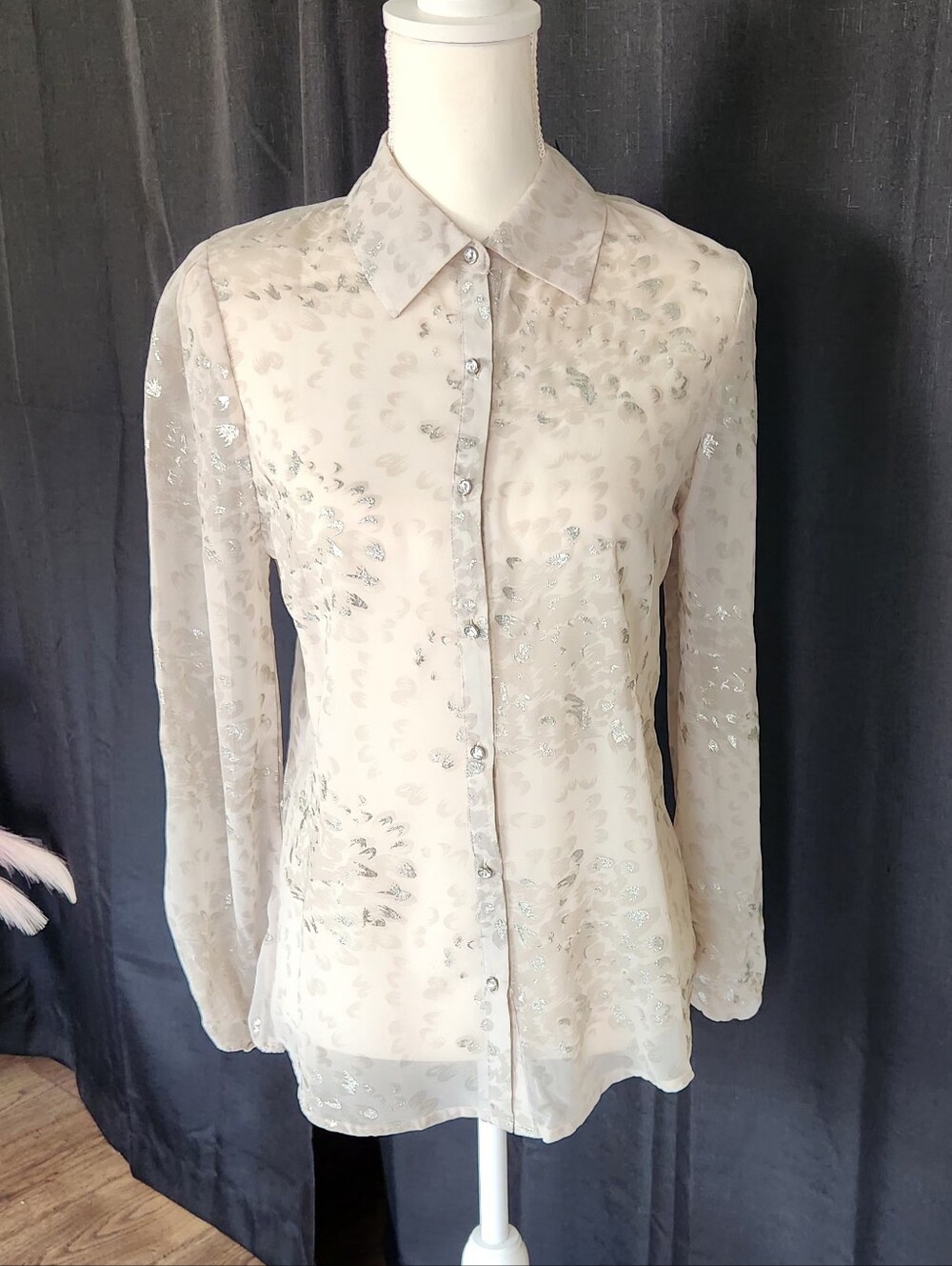 NWT Buckle Sheer Cream Button-Down Blouse with Silver Accents